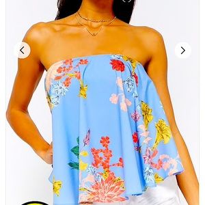 NWT 90’s  Lulumari Blue Boho Strapless Floral Blouse